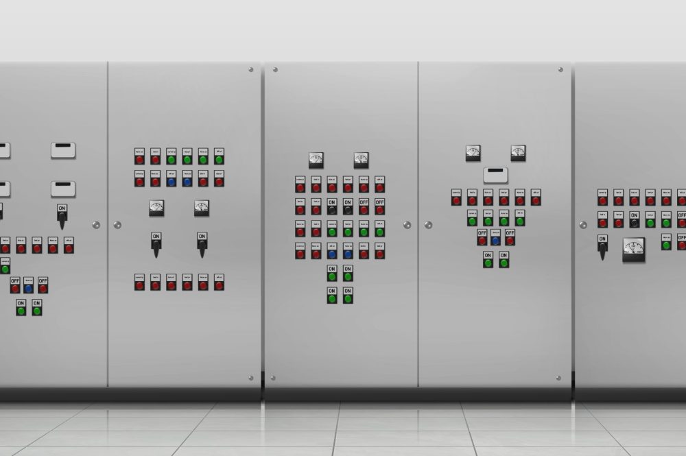 Substation room. Electrician equipment, technical generator. Transformer to increase or decrease voltage of electric current and control panel with on and off buttons Realistic 3d vector illustration